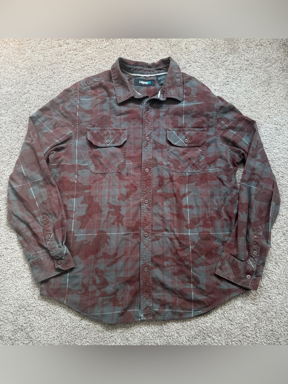 Y2K Tony Hawk plaid camo long sleeve button up skater grunge vintage